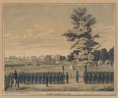 Afdruk van een kampscene op de achtergrond en soldaten door George G. Friedlein
